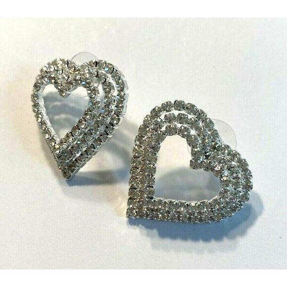 Heart Shaped Pierced Earrings Brilliant Clear White Rhinestones on Silvertone - Picture 2 of 4